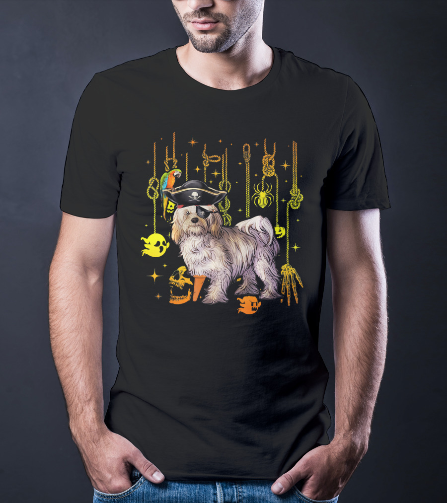 Havanese Pirate Halloween Dog With Parrot And Skulls T-Shirt
