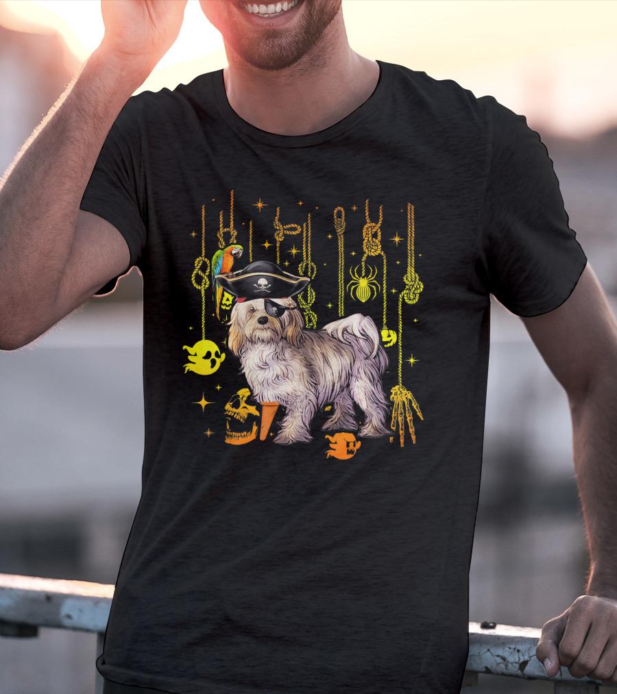 Havanese Pirate Halloween Dog With Parrot And Skulls T-Shirt