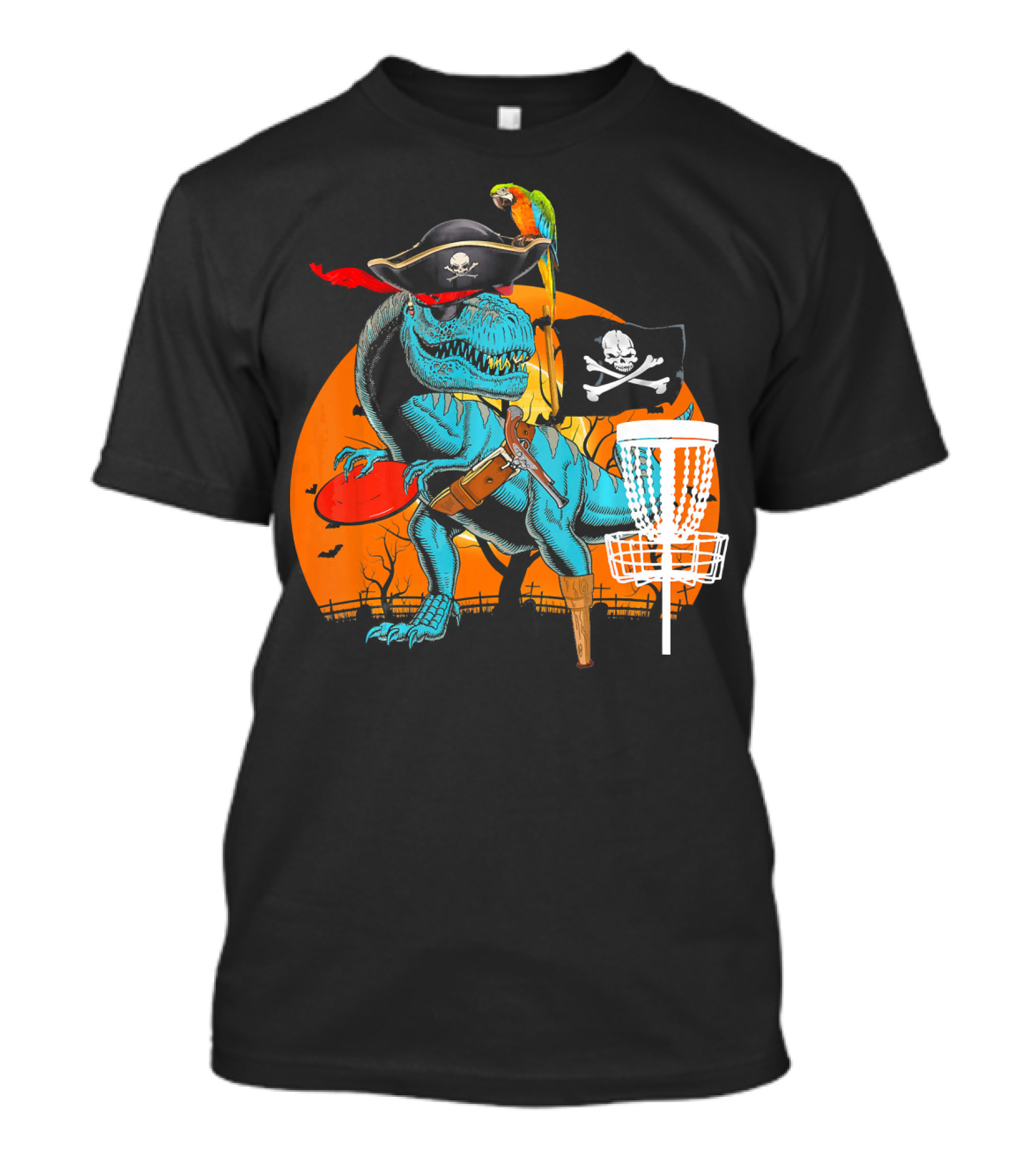 Jolly Roger Pirate Dinosaur Disc Golf Adventure T-Shirt