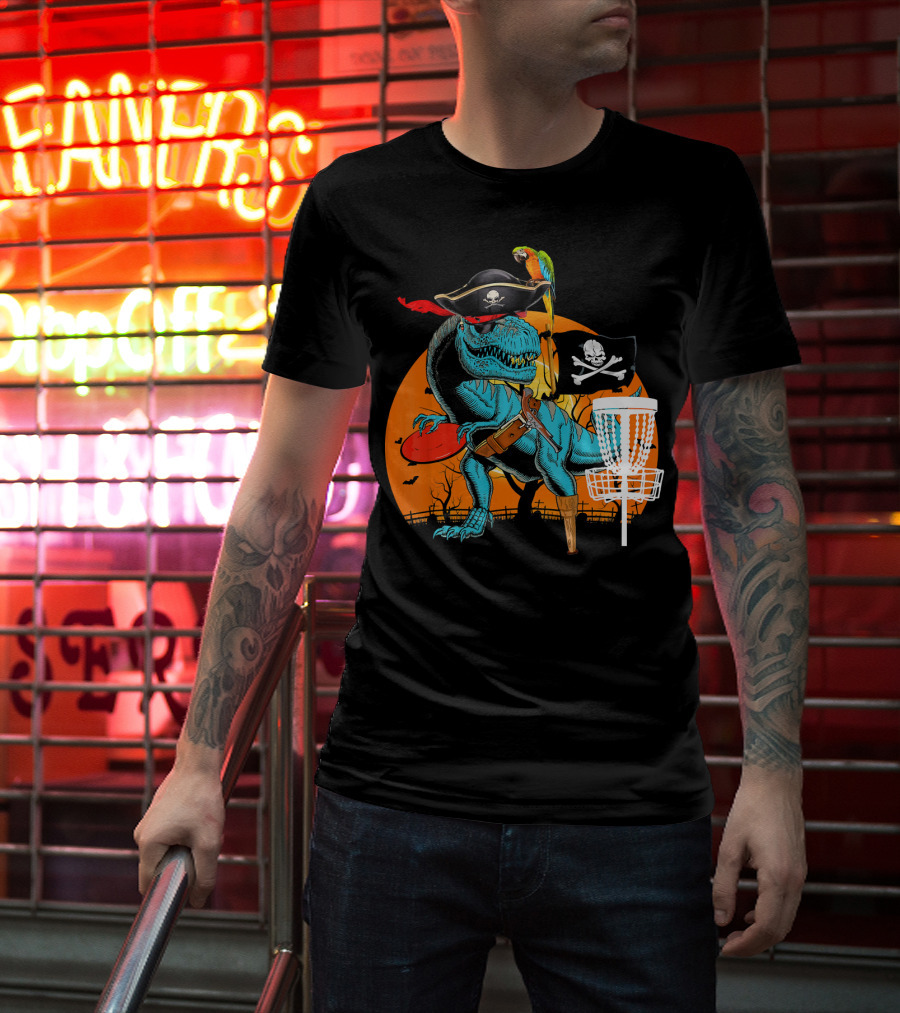 Jolly Roger Pirate Dinosaur Disc Golf Adventure T-Shirt