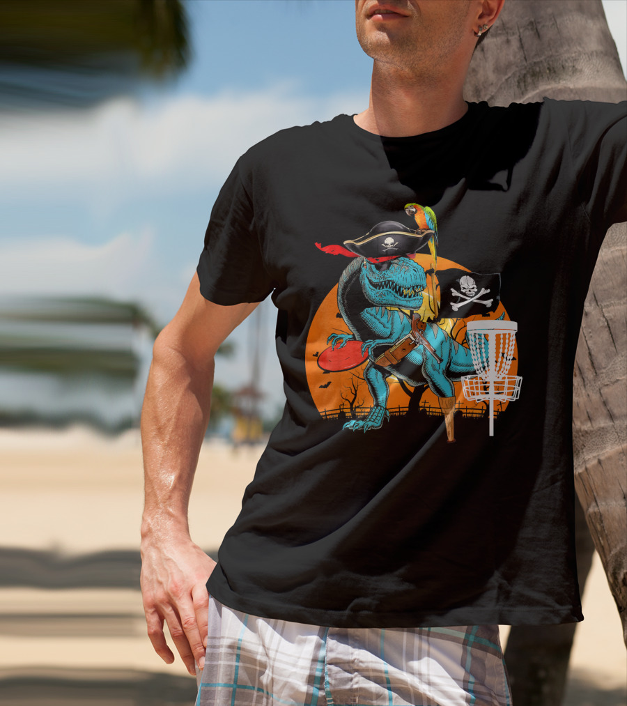 Jolly Roger Pirate Dinosaur Disc Golf Adventure T-Shirt