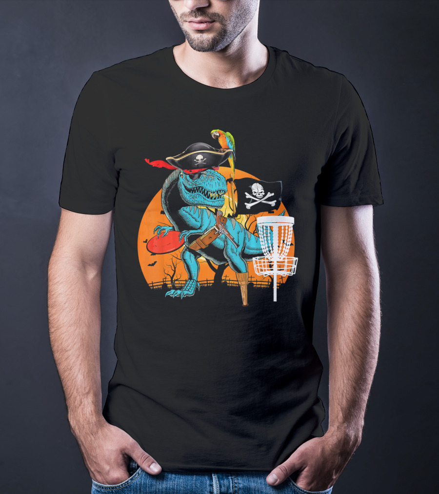 Jolly Roger Pirate Dinosaur Disc Golf Adventure T-Shirt