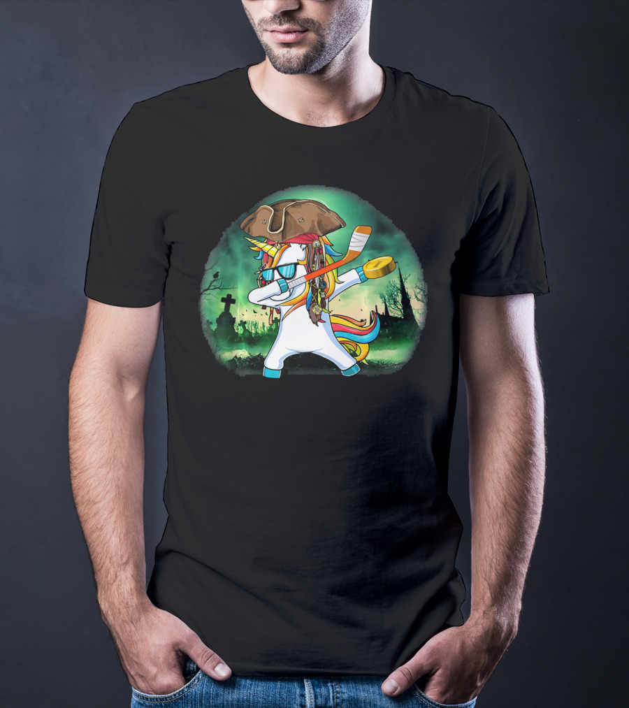 Dabbing Pirate Unicorn With Hockey Stick In Spooky Graveyard Scene T-Shirt