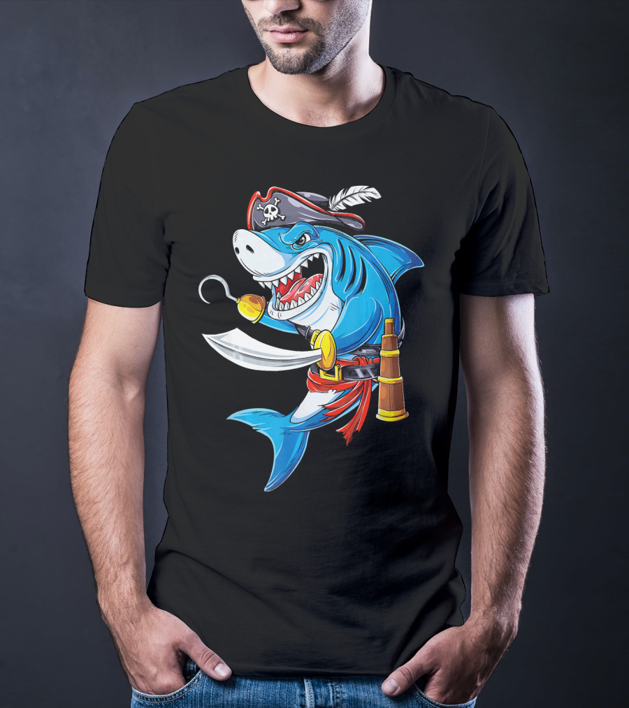 Shark Pirate Costume Jolly Roger Flag With Hook And Sword T-Shirt