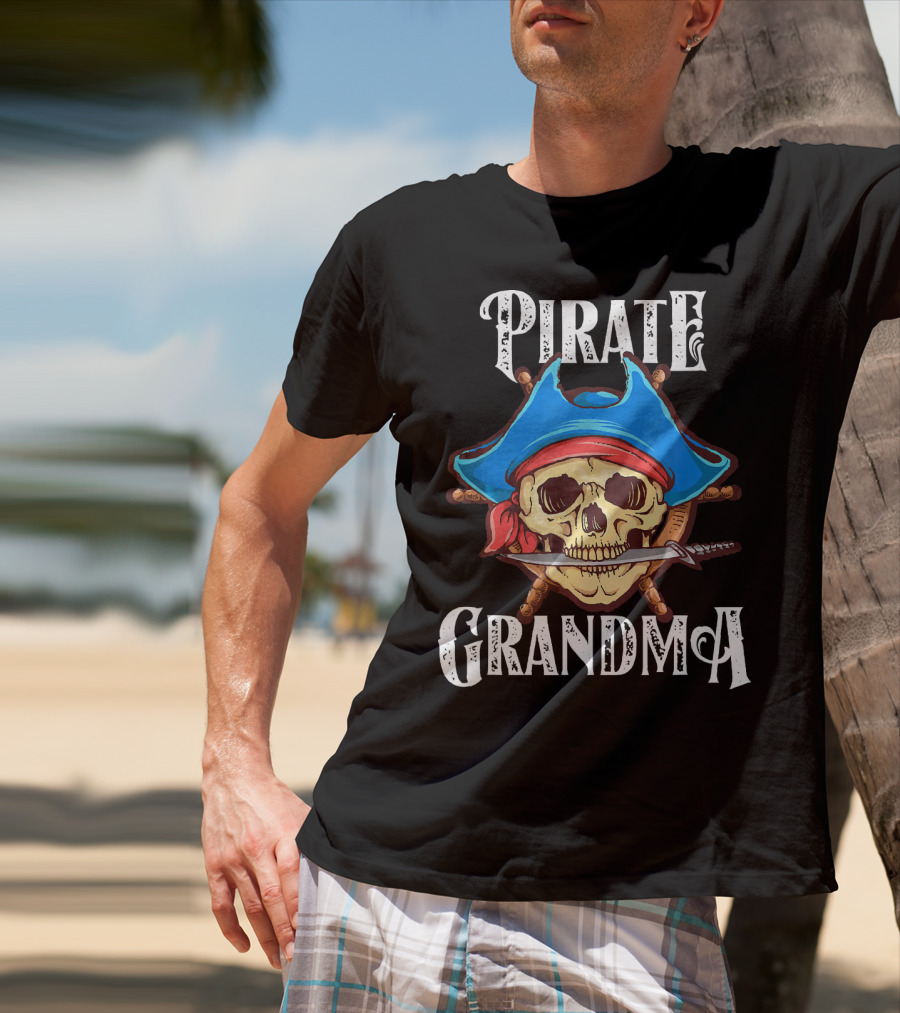 Pirate Grandma Skull With Blue Hat And Sword T-Shirt