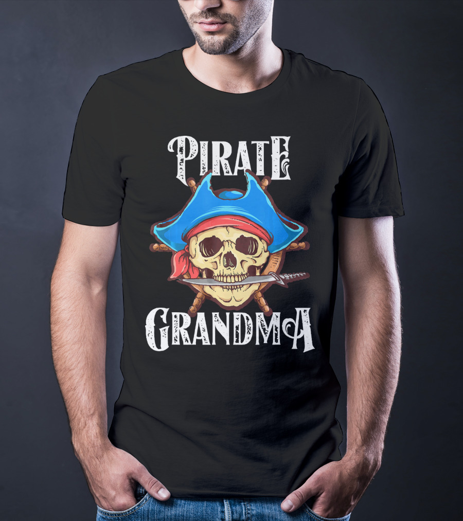 Pirate Grandma Skull With Blue Hat And Sword T-Shirt