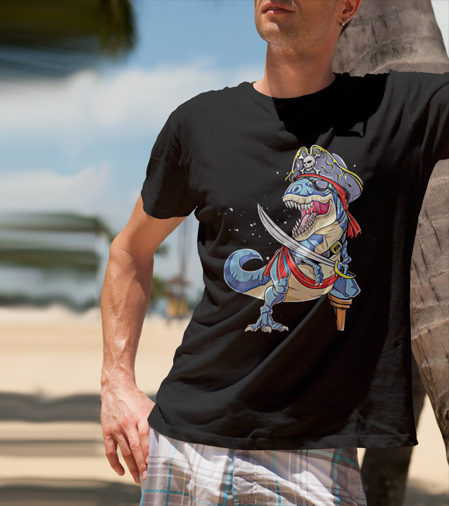Pirate Dinosaur With Sword And Skull Hat T-Shirt