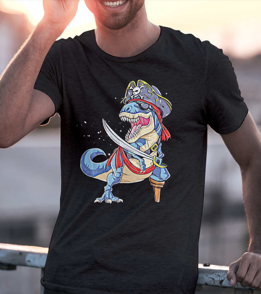 Pirate Dinosaur With Sword And Skull Hat T-Shirt