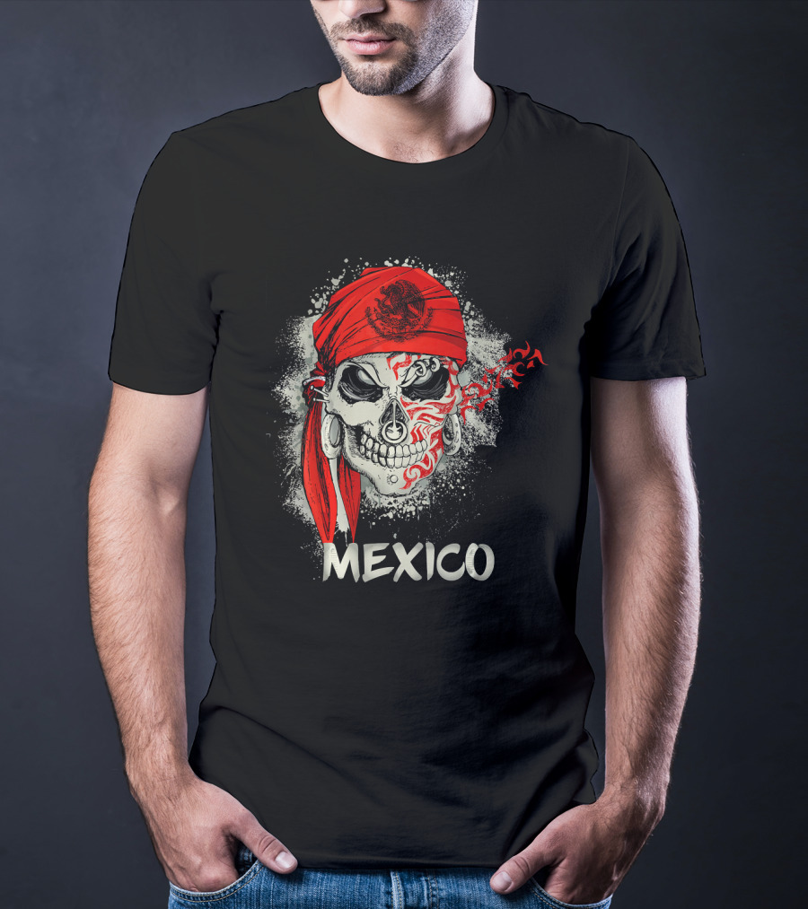 Mexico Skull With Red Bandana And Serpent Emblem T-Shirt