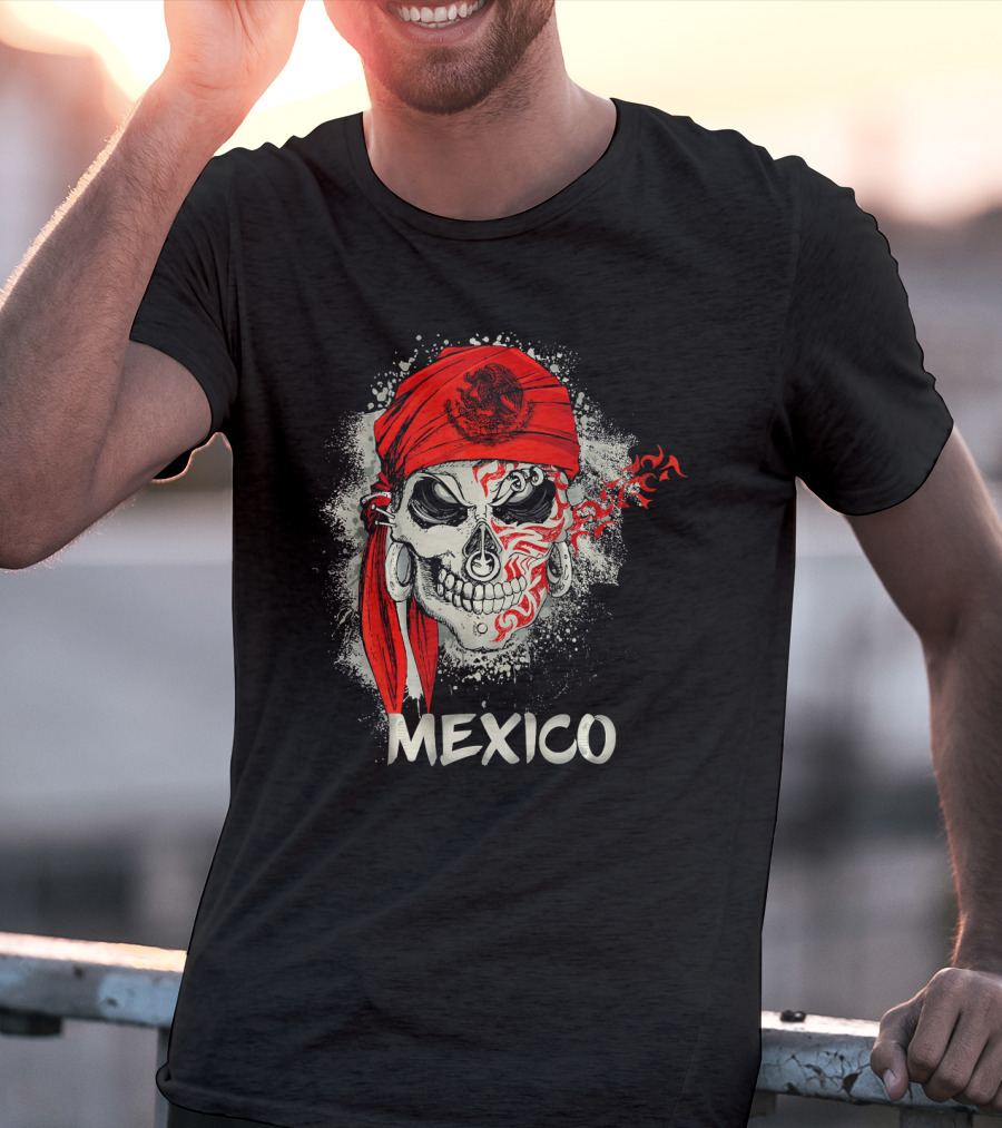 Mexico Skull With Red Bandana And Serpent Emblem T-Shirt