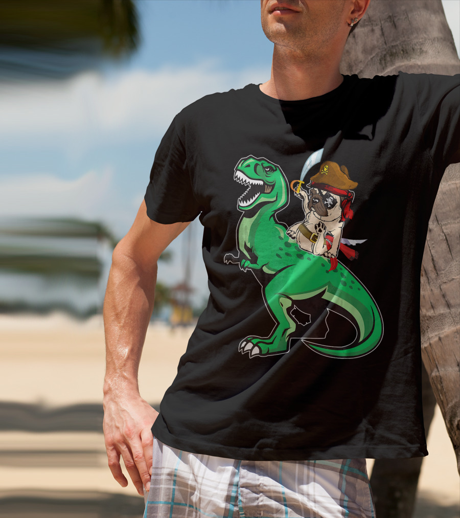 Pirate Pug Riding Rex Dinosaur With Sword And Hat T-Shirt