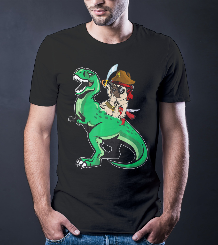 Pirate Pug Riding Rex Dinosaur With Sword And Hat T-Shirt