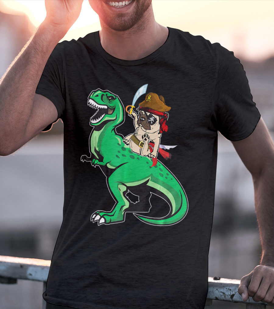 Pirate Pug Riding Rex Dinosaur With Sword And Hat T-Shirt