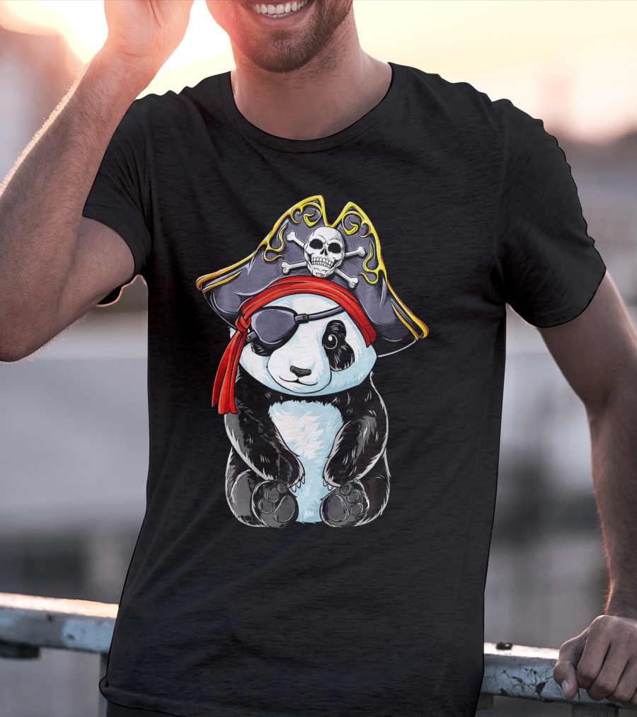 Panda Pirate Jolly Roger Skull Crossbones Eyepatch Bandana Hat T-Shirt