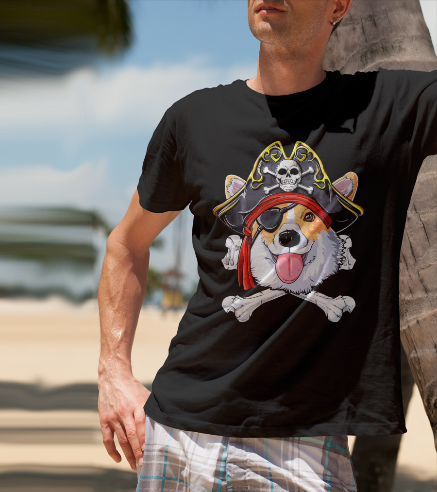Corgi Pirate Skull And Crossbones Jolly Roger Flag T-Shirt