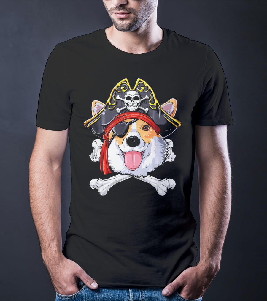 Corgi Pirate Skull And Crossbones Jolly Roger Flag T-Shirt