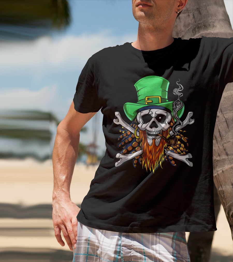Leprechaun Pirate Skull St Patricks Crossbones Hat Pipe Beads T-Shirt