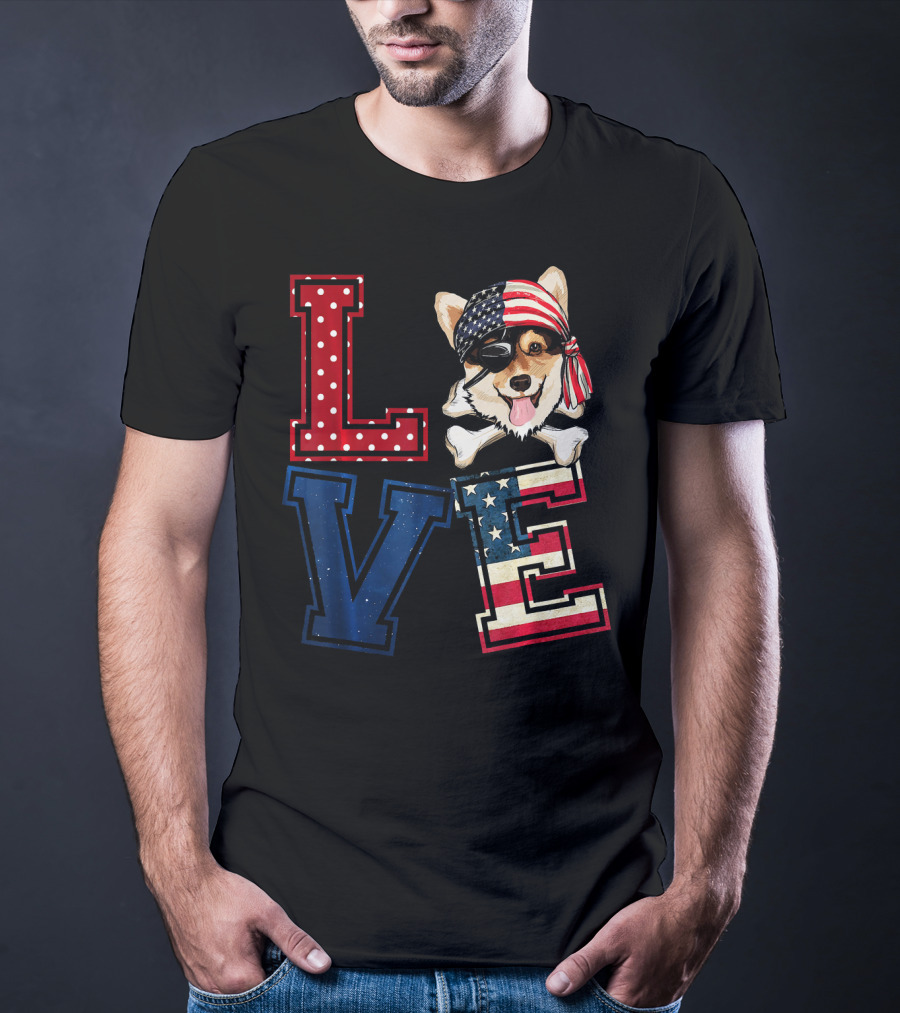 LOVE Corgi Pirate Face With American Flag Bandana And Lettering T-Shirt