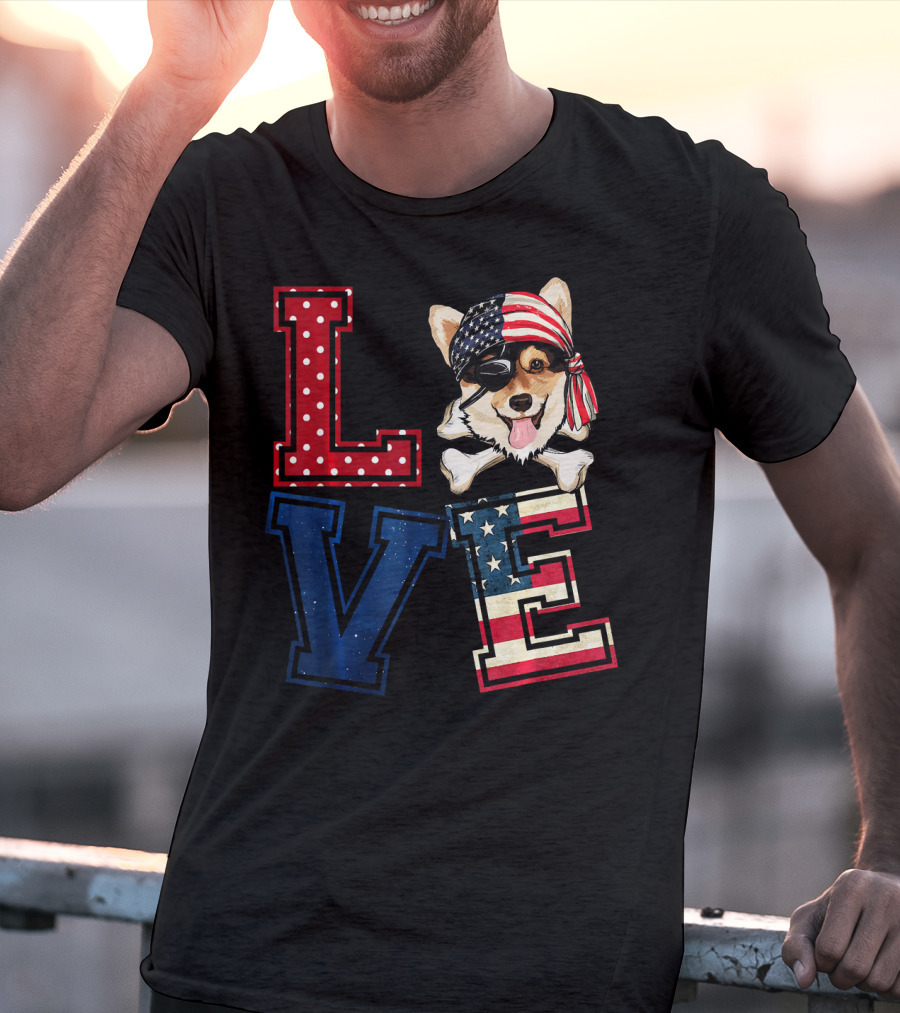 LOVE Corgi Pirate Face With American Flag Bandana And Lettering T-Shirt