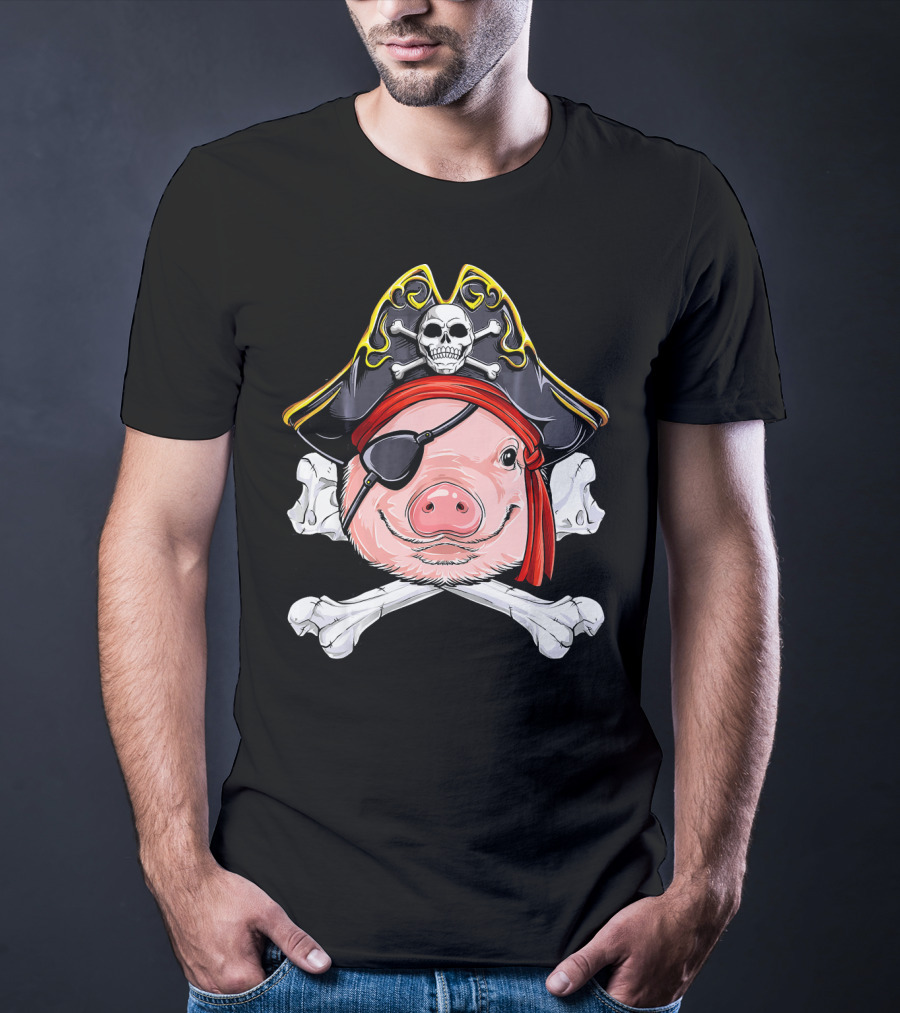 Pig Pirate Jolly Roger Flag Skull Eyepatch Crossbones Hat T-Shirt