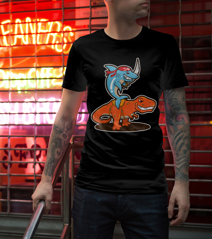 Pirate Shark Riding A T-Rex Dinosaur Adventure T-Shirt