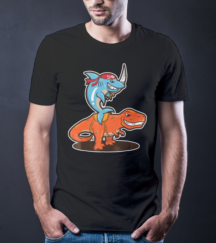 Pirate Shark Riding A T-Rex Dinosaur Adventure T-Shirt