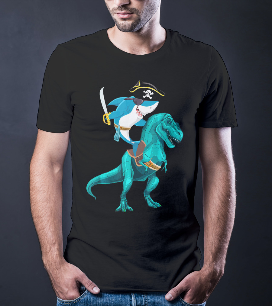 Shark Pirate On T-Rex For Kids Boys Sons T-Shirt