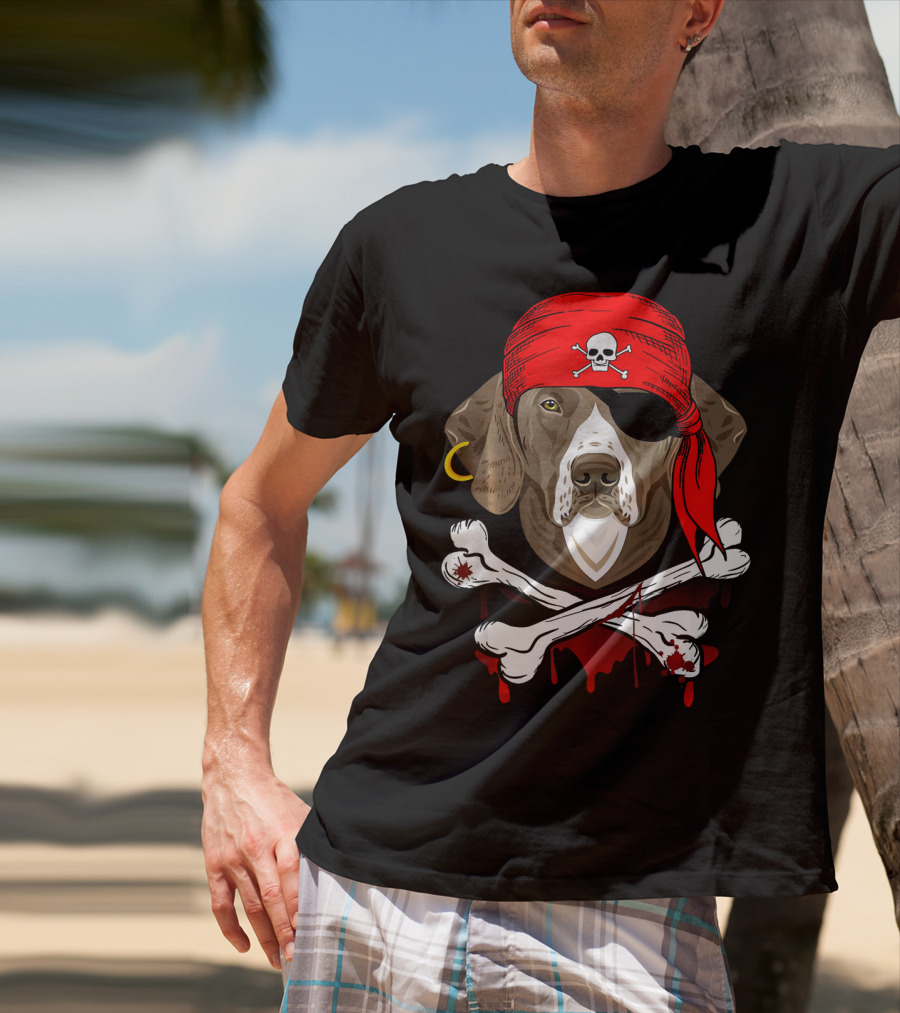 Weimaraner Dog Dad In Pirate Costume With Skull And Crossbones Bandana T-Shirt