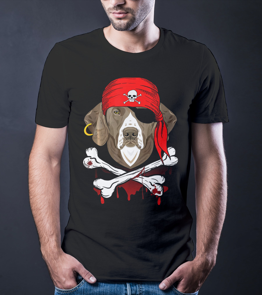 Weimaraner Dog Dad In Pirate Costume With Skull And Crossbones Bandana T-Shirt