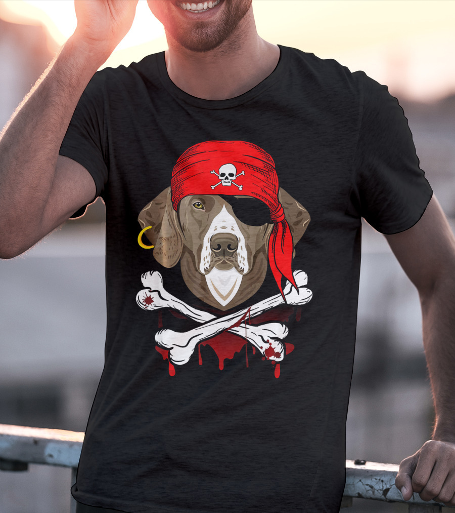 Weimaraner Dog Dad In Pirate Costume With Skull And Crossbones Bandana T-Shirt