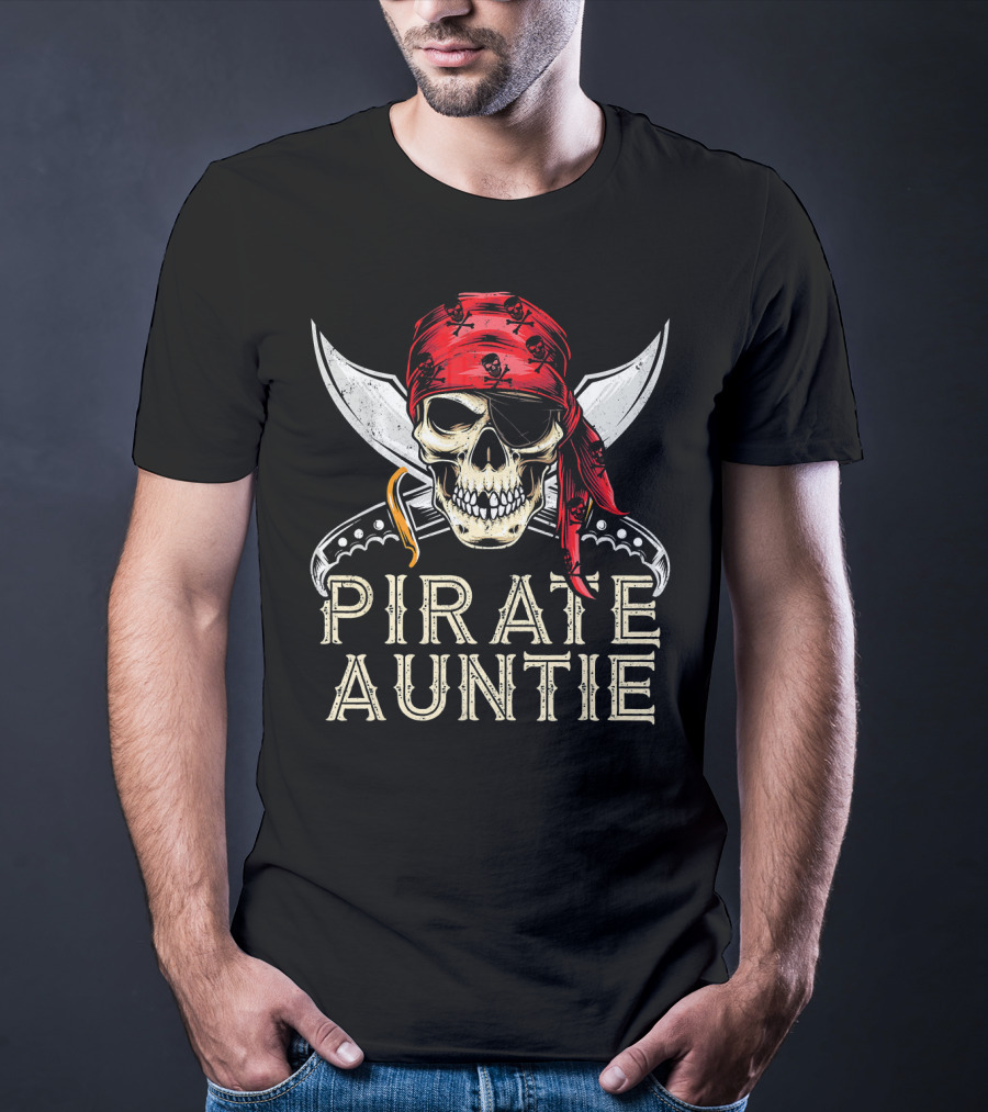 Pirate Auntie Jolly Roger Skull Bandana Crossed Swords T-Shirt
