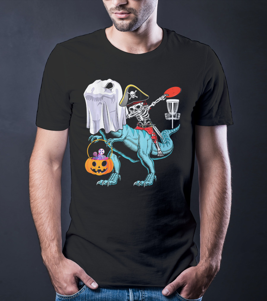 Dab Jolly Roger Skeleton Pirate On Dinosaur With Ghost Pumpkin And Frisbee T-Shirt