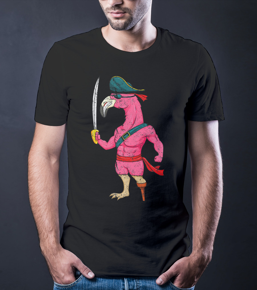 Vintage Pirate Pink Flamingo With Pirate Hat And Wooden Leg Sword T-Shirt