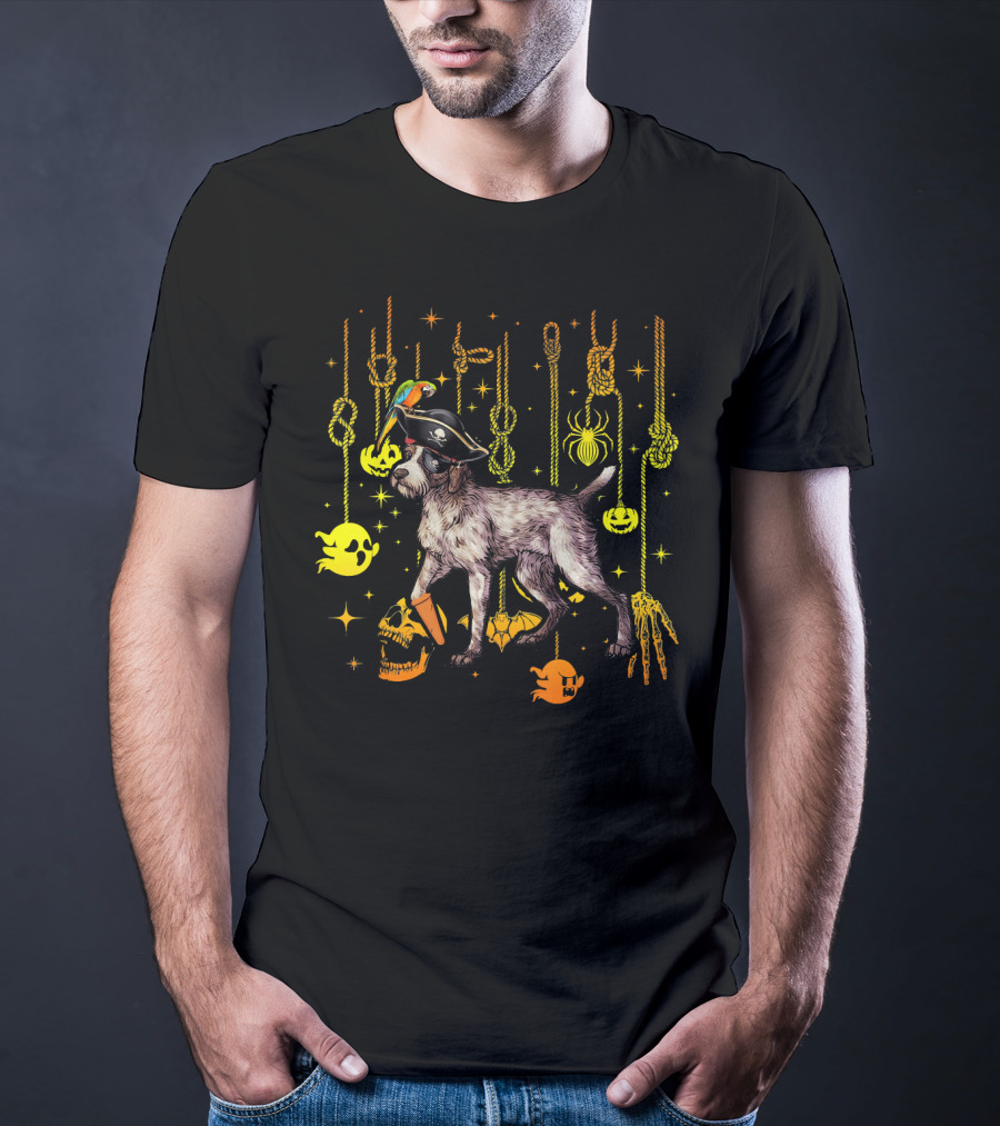 German Wirehaired Pointer Pirate Halloween Ghosts And Skulls T-Shirt