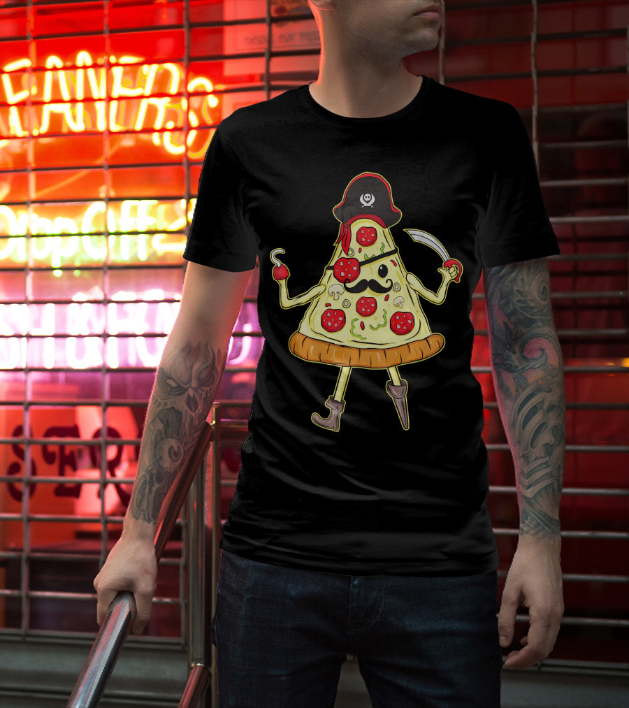 Funny Mustache Pirate Pizza Slice With Hook And Sword T-Shirt