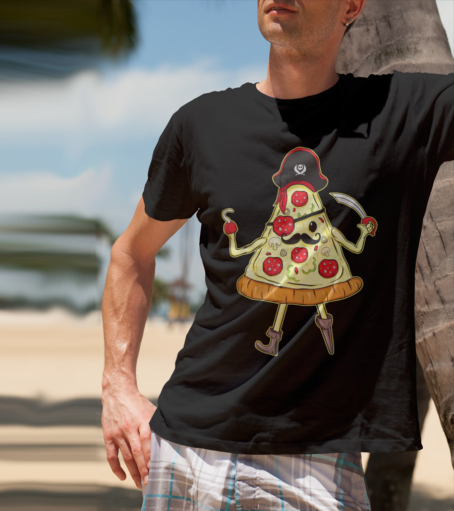 Funny Mustache Pirate Pizza Slice With Hook And Sword T-Shirt