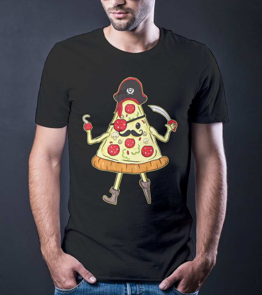 Funny Mustache Pirate Pizza Slice With Hook And Sword T-Shirt