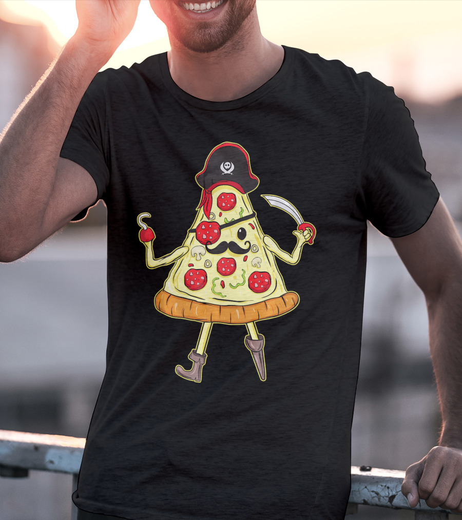 Funny Mustache Pirate Pizza Slice With Hook And Sword T-Shirt
