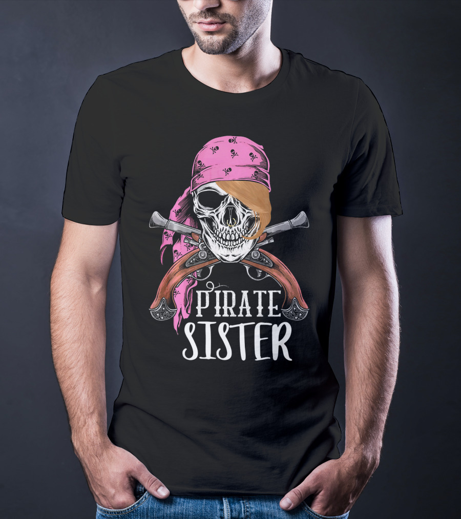 Pirate Sister Skull With Pink Bandana And Crossed Pistols T-Shirt