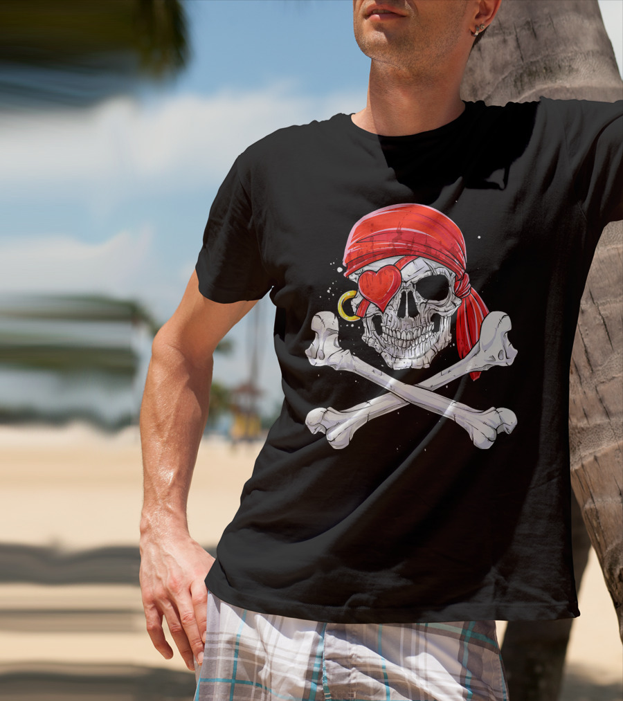 Valentines Day Pirate Skull With Red Bandana And Heart Eye Patch For Him T-Shirt