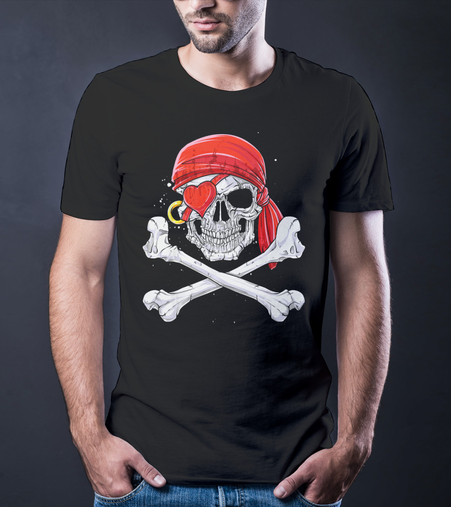 Valentines Day Pirate Skull With Red Bandana And Heart Eye Patch For Him T-Shirt