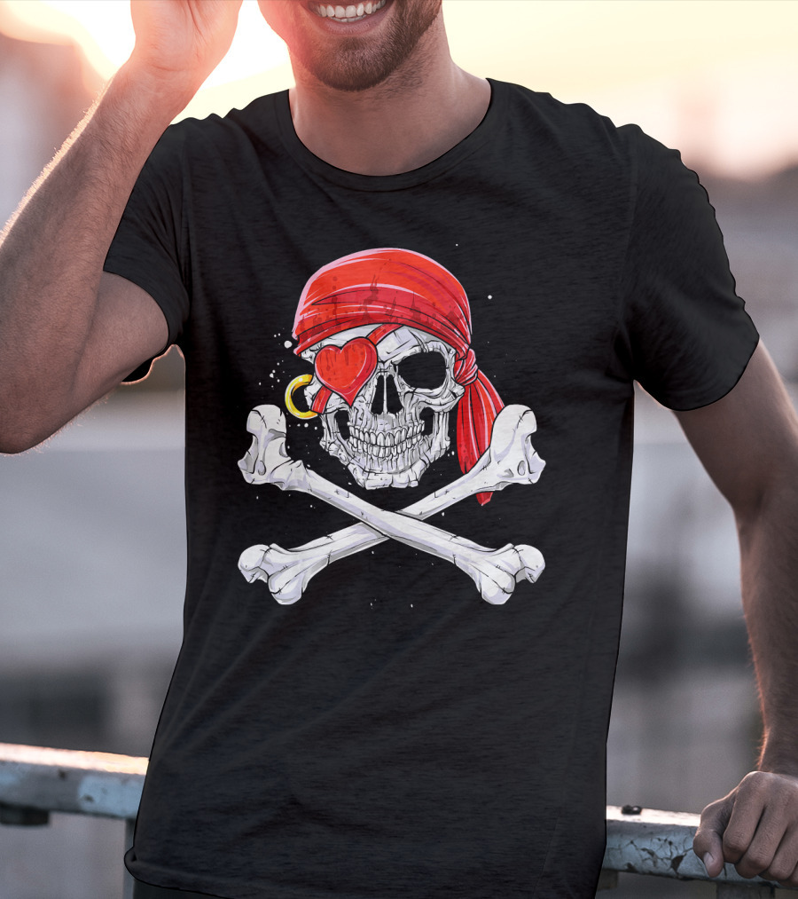 Valentines Day Pirate Skull With Red Bandana And Heart Eye Patch For Him T-Shirt