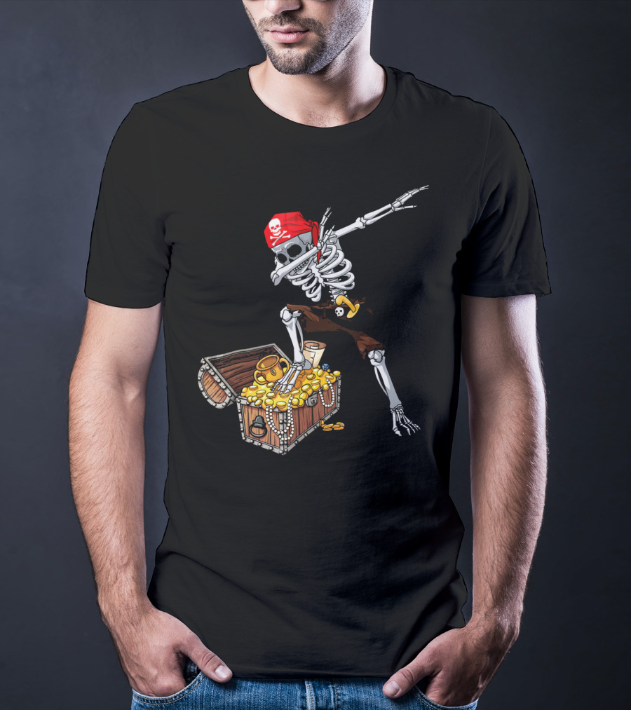 Dabbing Pirate Skeleton With Treasure Chest And Red Skull Bandana T-Shirt