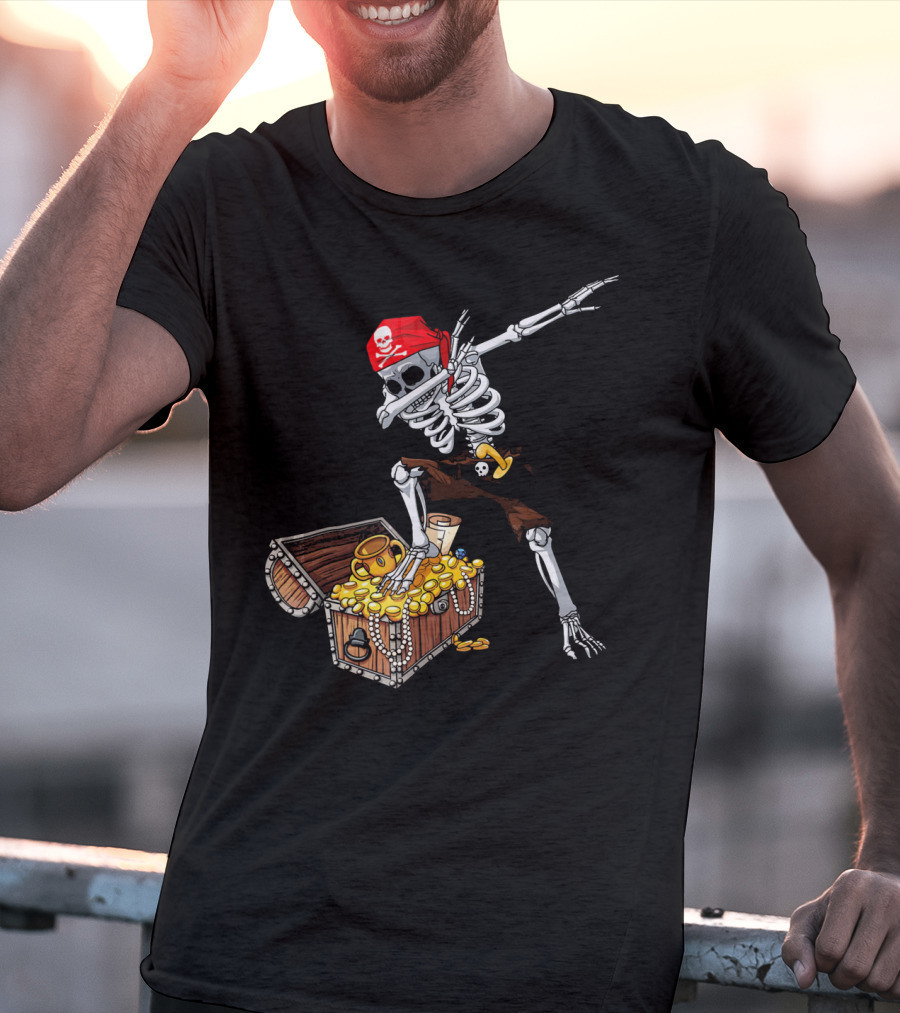 Dabbing Pirate Skeleton With Treasure Chest And Red Skull Bandana T-Shirt