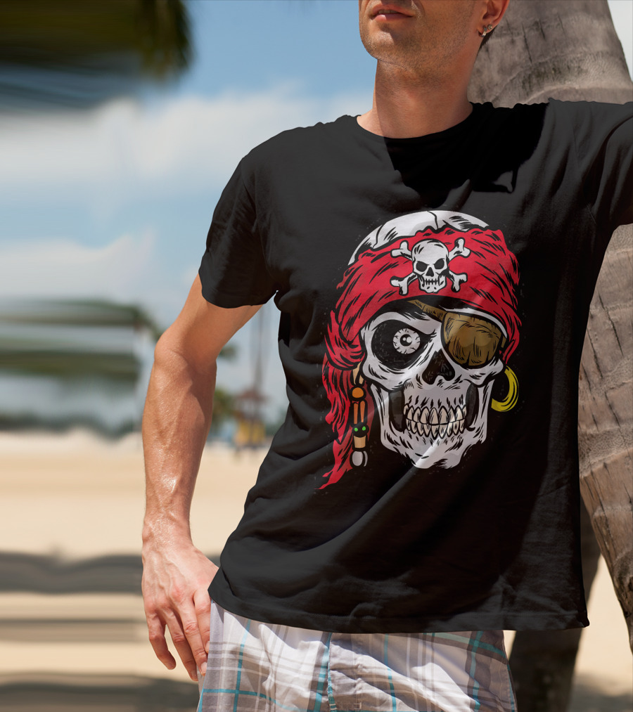 Pirate Skull With Red Bandana And Crossbones Eye Patch Jolly Roger T-Shirt