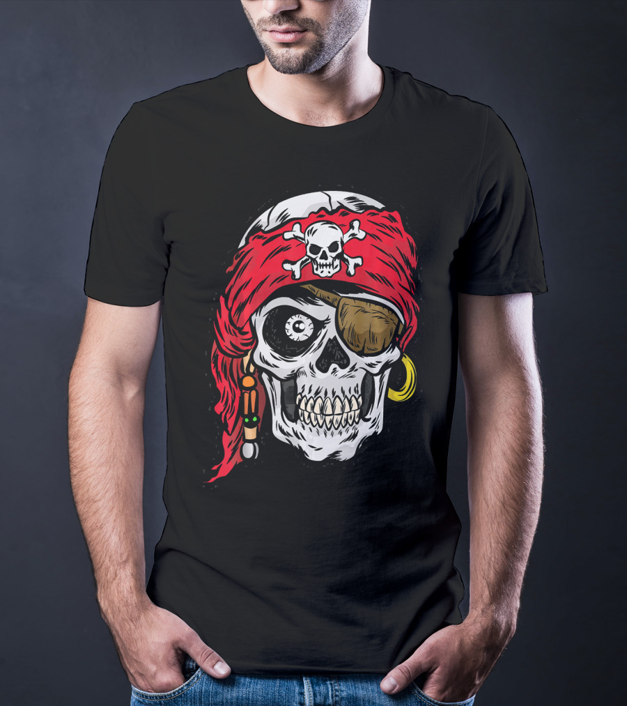 Pirate Skull With Red Bandana And Crossbones Eye Patch Jolly Roger T-Shirt