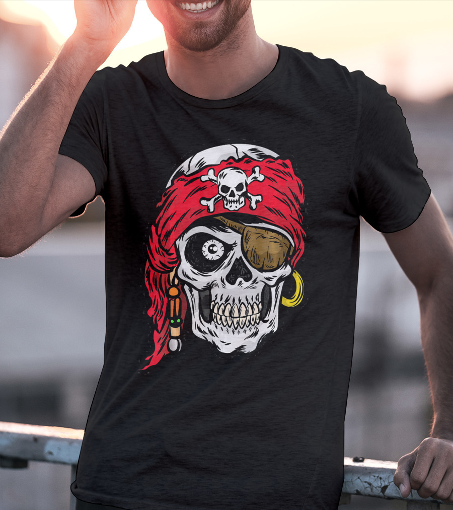 Pirate Skull With Red Bandana And Crossbones Eye Patch Jolly Roger T-Shirt