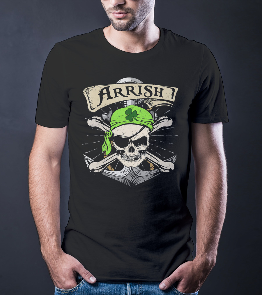 Arrish Irish Pirate Skull With Shamrock Bandana St Patricks T-Shirt