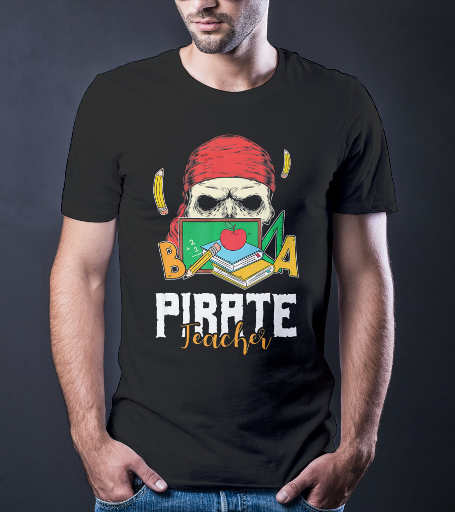 Pirate Teacher Skull Chalkboard Apple Pencils Books Bandana T-Shirt