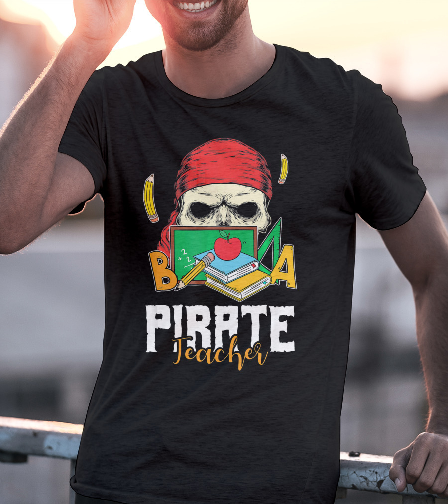 Pirate Teacher Skull Chalkboard Apple Pencils Books Bandana T-Shirt